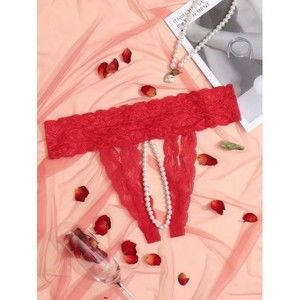 3 for $20 Plus Size Red Floral Lace Pearls Crotchless Thong Panty